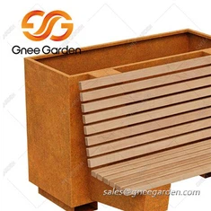 Banco externo Corten com caixas para plantadores