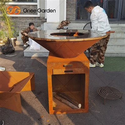 Cozinha ao ar livre durável corten metal churrasqueira comercial jardim queima de madeira poços corten aço grill